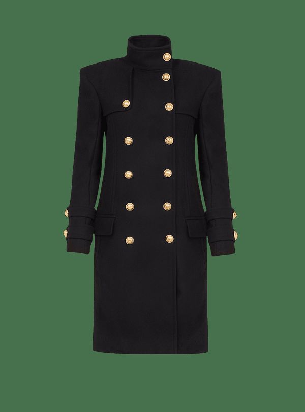 Women's Balmain Long Wool And Cashmere With Double-breasted Gold-tone Buttoned Fastening Jackets Black | USA SYMuvImk