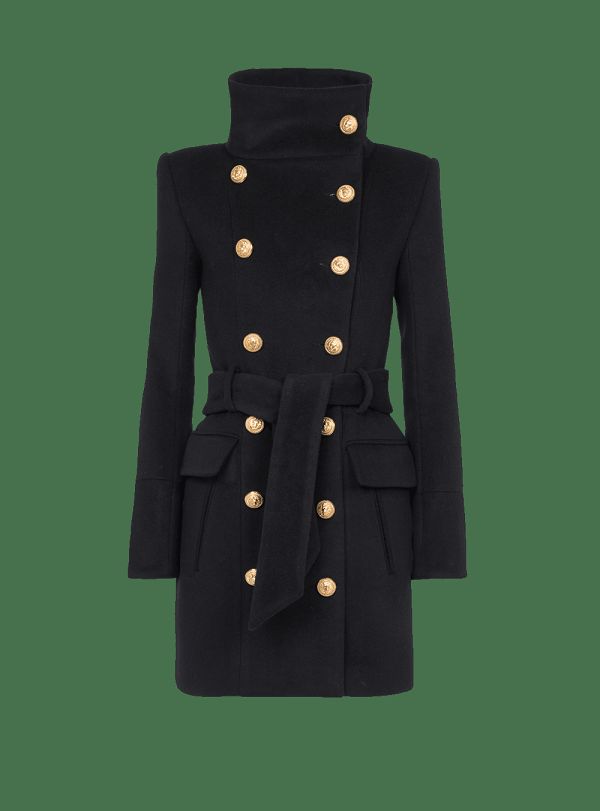 Women's Balmain Long Wool With Double-breasted Gold-tone Buttoned Fastening Jackets Black | USA vQUZioVR