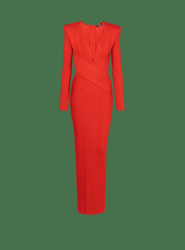 Women's Balmain Longcon Knit Dress Red | USA 5x3z8Aor