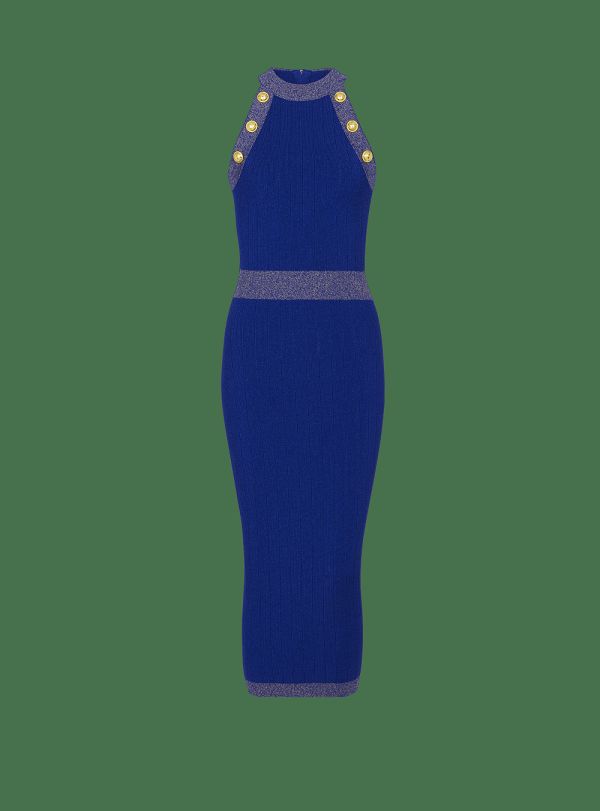 Women's Balmain Metallic Knit Midi Dress Blue | USA sCq8mJV2