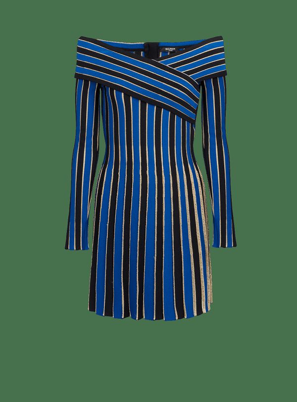 Women's Balmain Metallic Striped Knit Dress Blue | USA vrDqnFcK