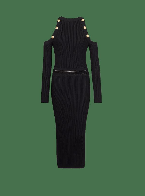 Women's Balmain Mid-length Knit Dress Black | USA F0oPB5TM