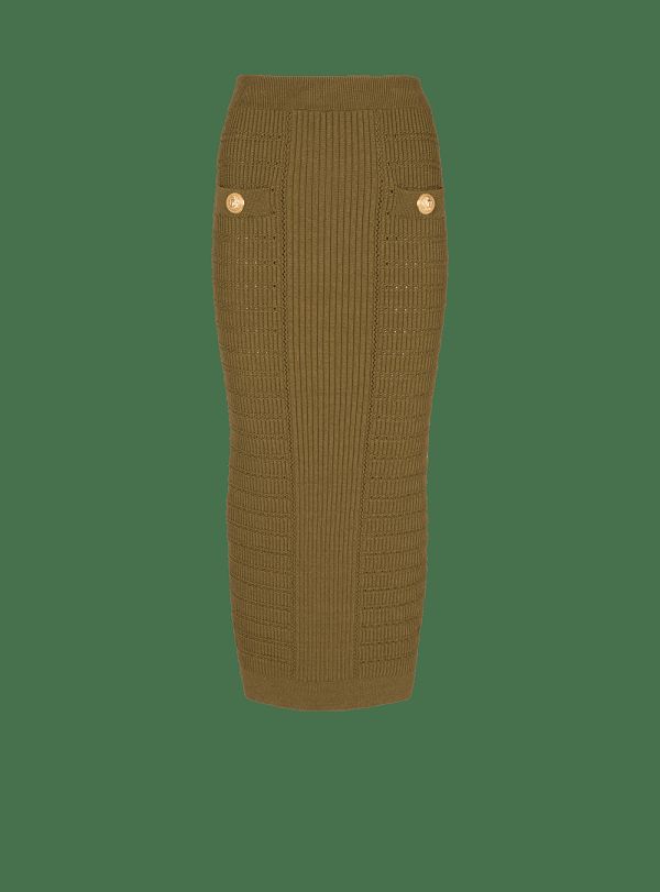 Women's Balmain Midi Knit Skirts Khaki | USA ZrNWPLzN