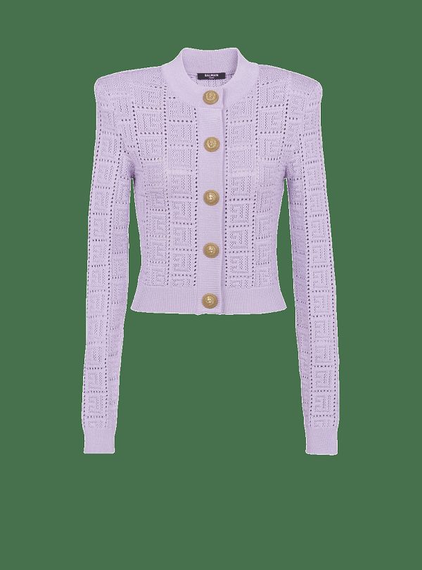 Women's Balmain Monogrammed Openwork Knit Cardigan Purple | USA vadSmmVc