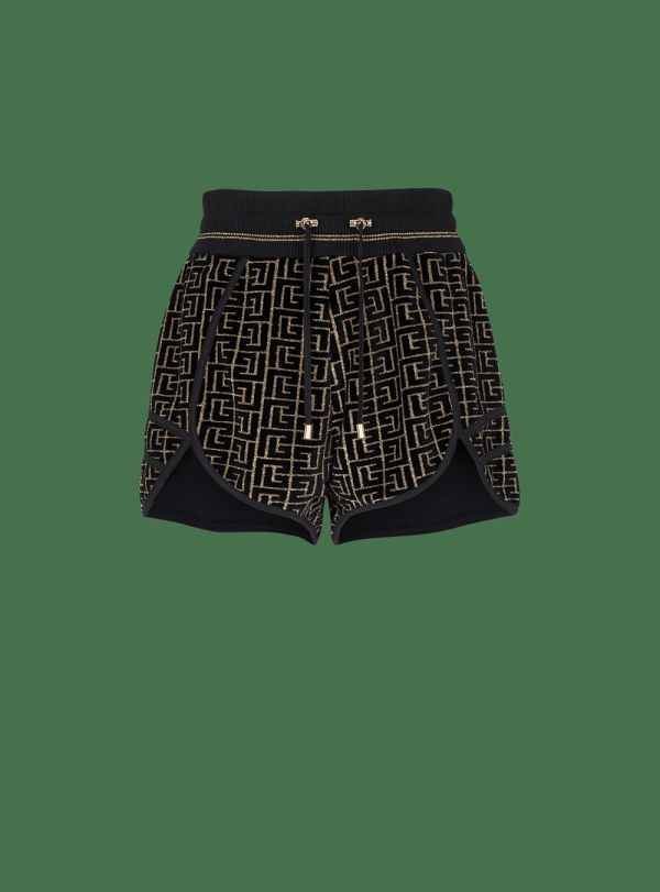 Women's Balmain Monogrammed Velvet Jersey Shorts Black | USA RRh67cWW