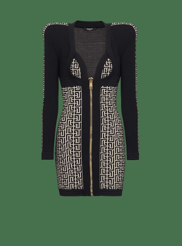 Women's Balmain Monogrammedcon Knit Dress Black | USA qWPlLUE3