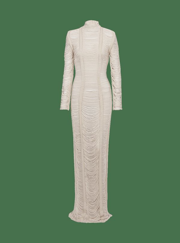 Women's Balmain Openwork Macramé Maxi Dress Beige | USA ztU0gD2Q