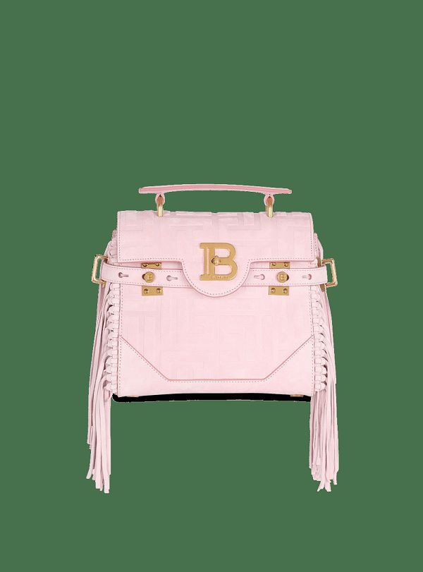 Women's Balmain Pink Embossed Suede B-Buzz 23 With Fringe Handbag Pink | USA oQgzW4Xm