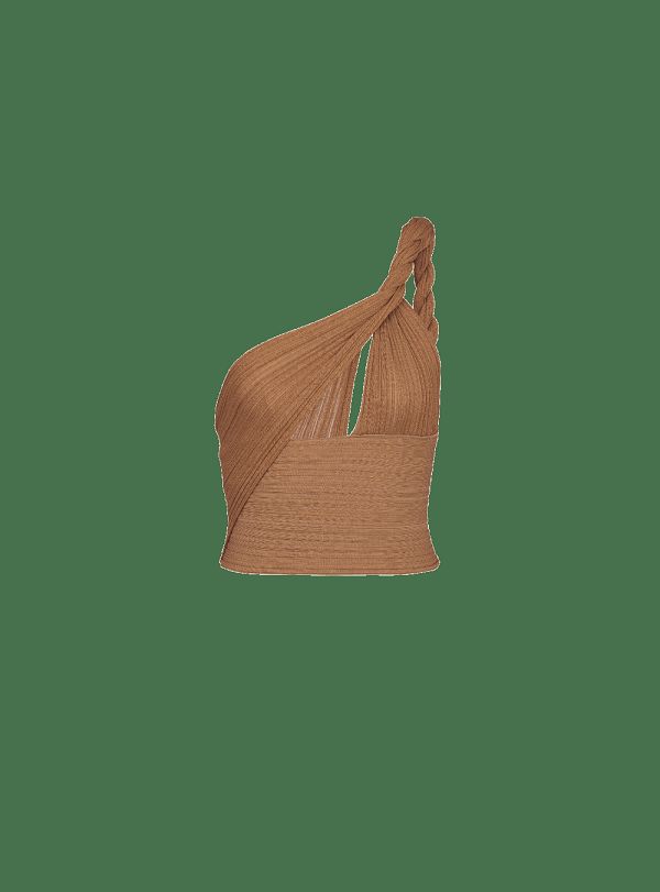 Women's Balmain Pleated Jersey Draped Bra Tops Brown | USA GH5uJniI