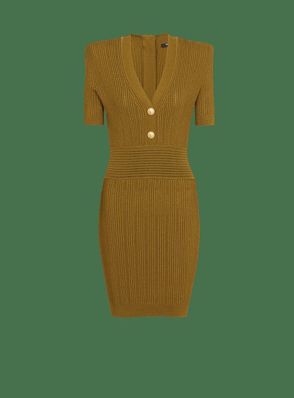 Women's Balmain Ribbed Knitcon Dress Khaki | USA qRey0l3u