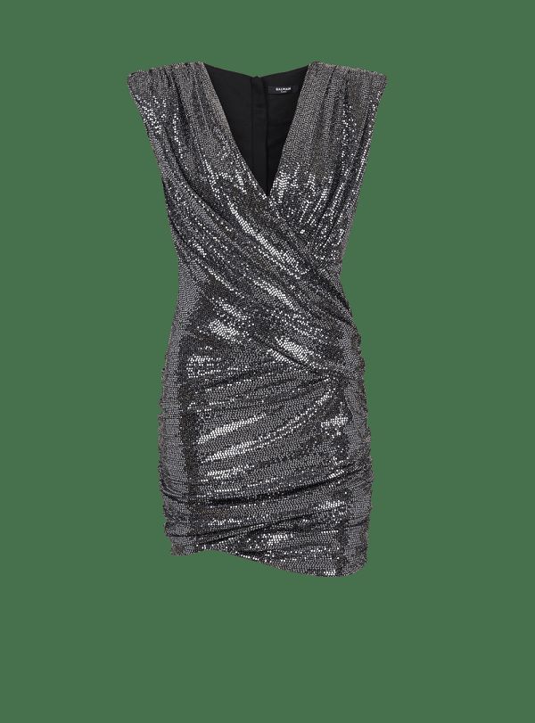 Women's Balmain Short Draped Jersey With Sequins Dress Silver | USA FBZH1PaX