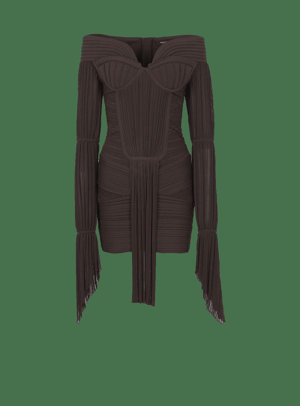 Women's Balmain Short Draped Pleated Knit Dress Brown | USA k7FjmvTQ