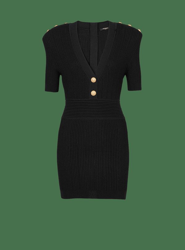 Women's Balmain Short Eco-designed Knit Dress Black | USA c4C1sru9