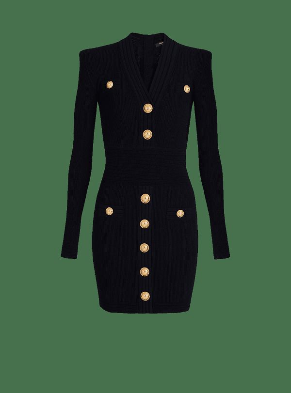 Women's Balmain Short Eco-designed Knit With Gold-tone Buttons Dress Black | USA kUMnJwEv