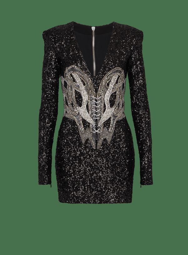 Women's Balmain Short Embroidered Dress Black | USA 9GwhjIZy