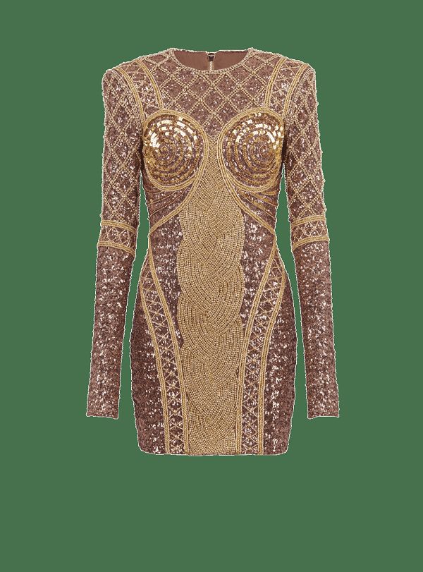 Women's Balmain Short Embroidered Dress Gold | USA LIVUP6ST