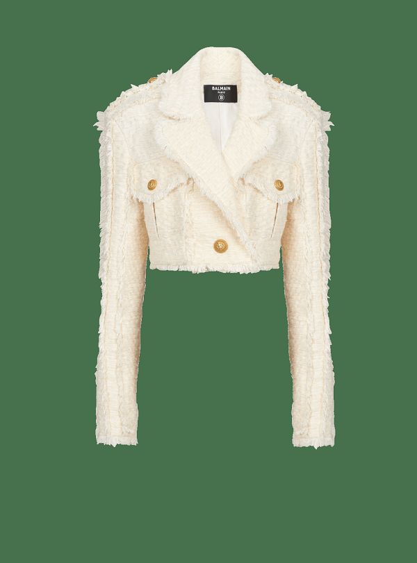 Women's Balmain Short Fringed Tweed Jackets White | USA l6QJVCEp