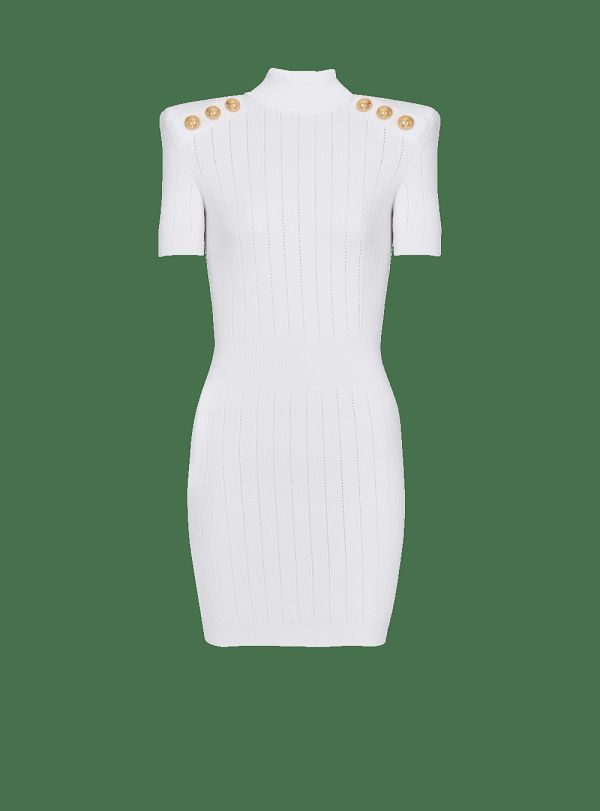 Women's Balmain Short Knit Dress White | USA tDYZSUNp