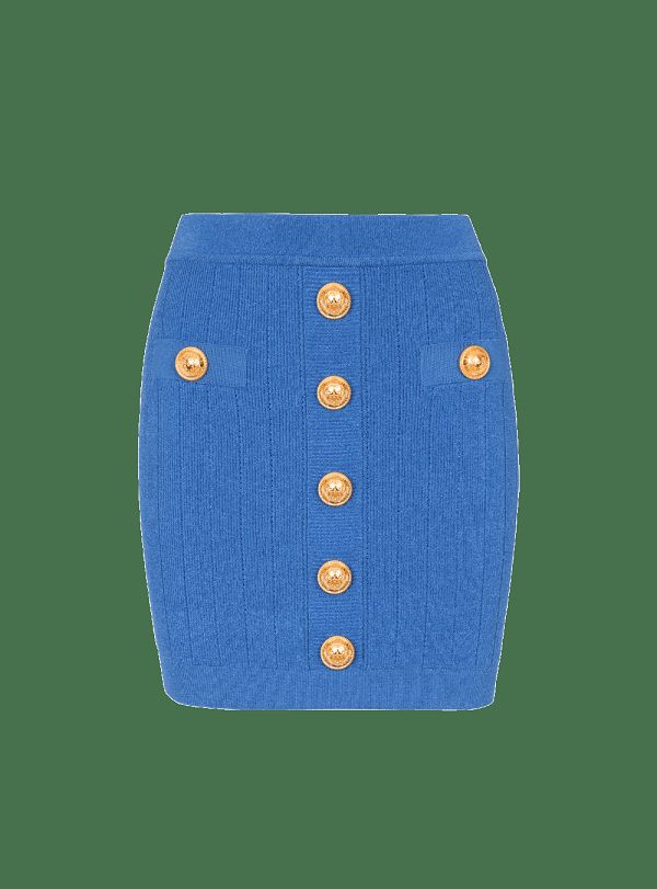 Women's Balmain Short Knitted Buttoned Skirts Blue | USA pLIEnuMW