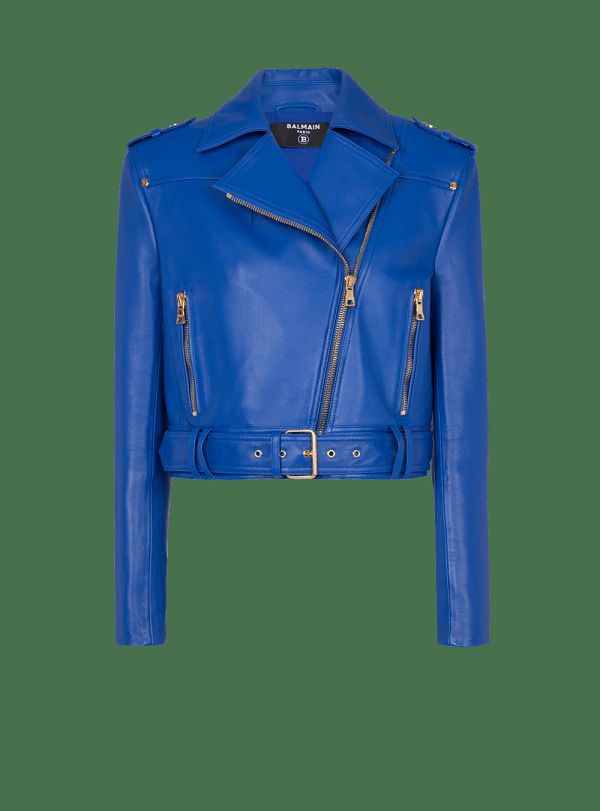 Women's Balmain Short Leather Biker Jackets Blue | USA SMtqTbTN