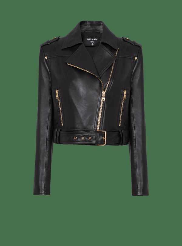 Women's Balmain Short Leather Biker Jackets Black | USA bkqrvBa0