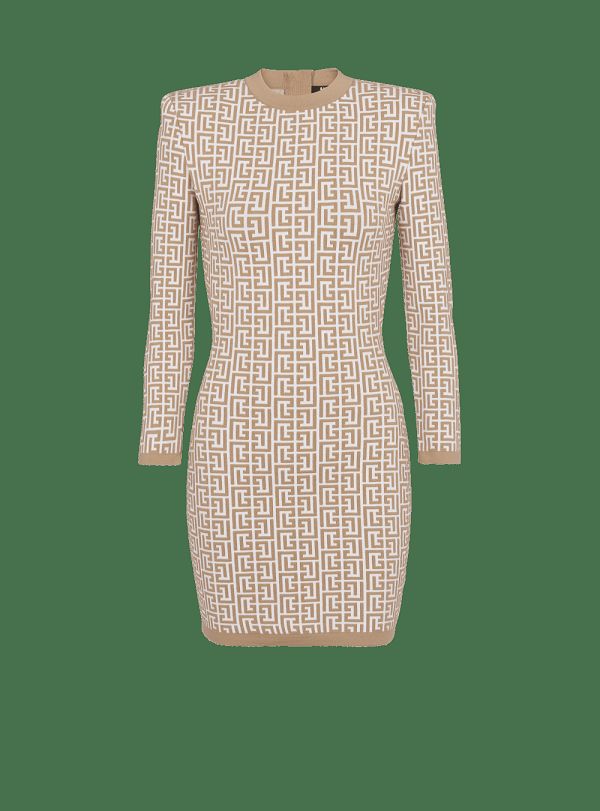 Women's Balmain Short Monogrammed Knitted Dress Beige | USA iGud73Qc