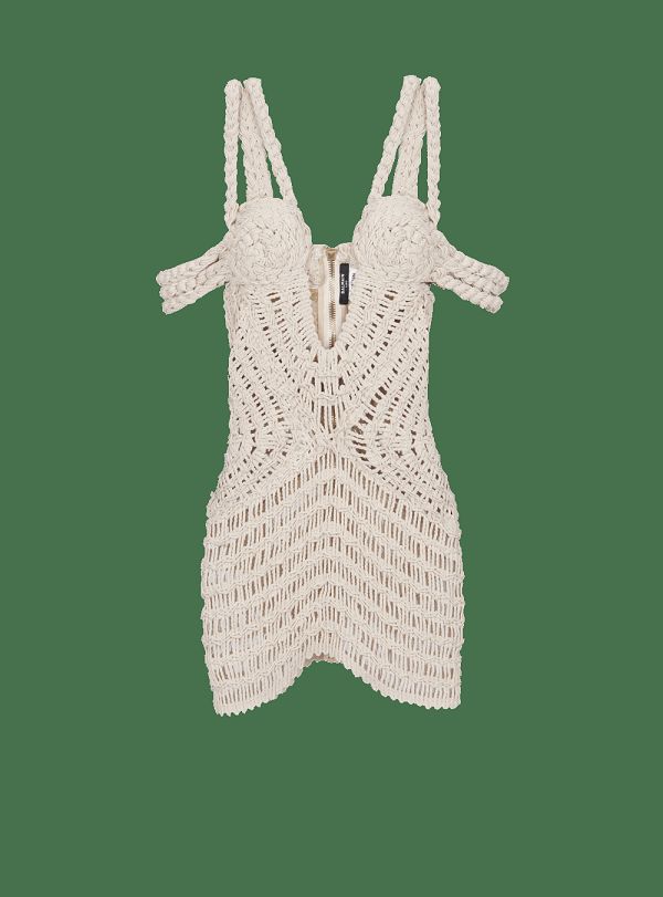 Women's Balmain Short Openwork Macramé Dress Beige | USA 0uhrqPqO