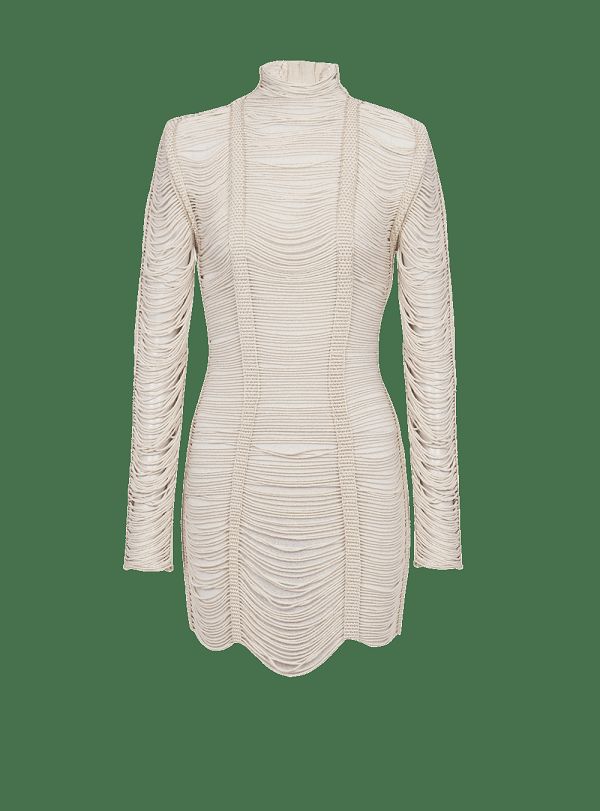 Women's Balmain Short Openwork Macramé Dress Beige | USA DIWTNfTu