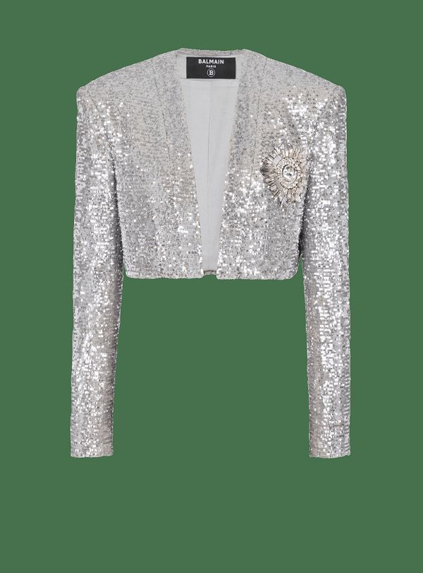 Women's Balmain Short Sequin Jackets Silver | USA Pz4cFCgw