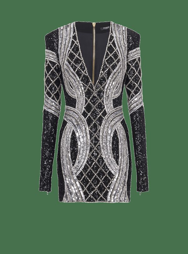 Women's Balmain Short Silver Embroidered Dress Black | USA jmi81y3L