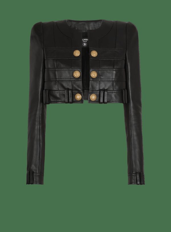 Women's Balmain Short Soft Leather Jackets Black | USA BrzegTfX