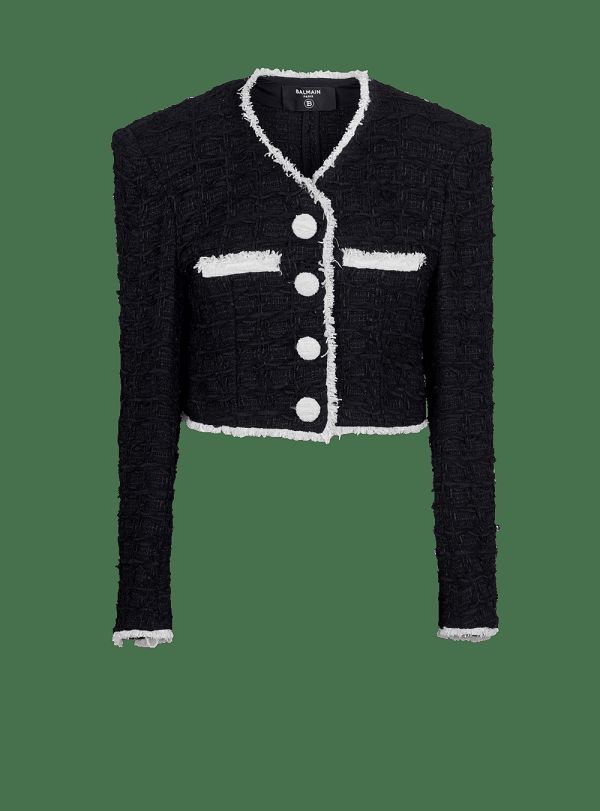 Women's Balmain Short Tweed With Contrasting Details Jackets Black | USA 6AumApca