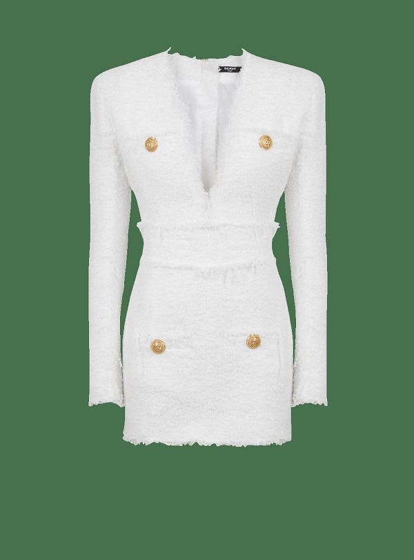 Women's Balmain Short Tweed With Gold-tone Buttons Dress White | USA 57e1jSU3