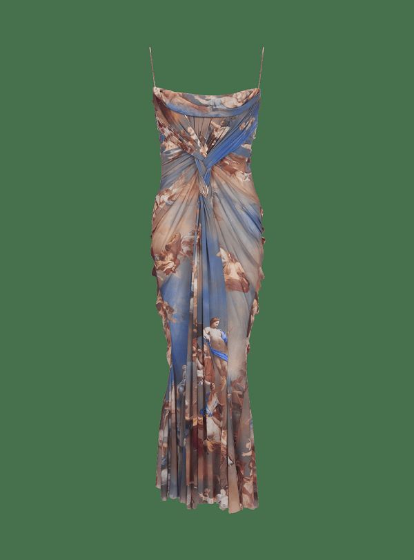 Women's Balmain Sky Printed Draped Tulle Maxi Dress Multicolor | USA ZyJFPnZt