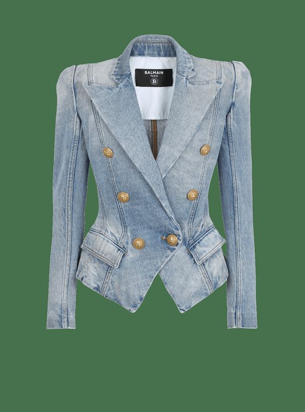 Women's Balmain Slim-fit Faded Denim Tailored Jackets Blue | USA qrnI44nE