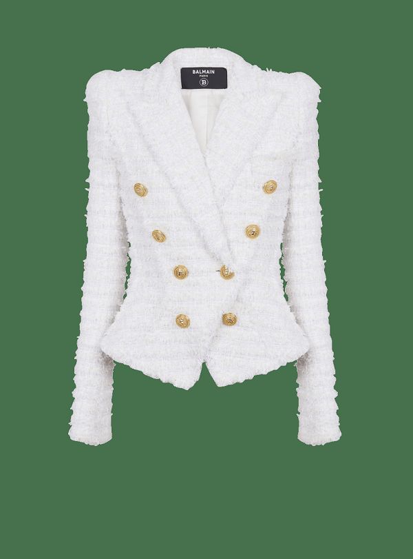 Women's Balmain Slim-fit Tweed Jackets White | USA vNzPWs4V