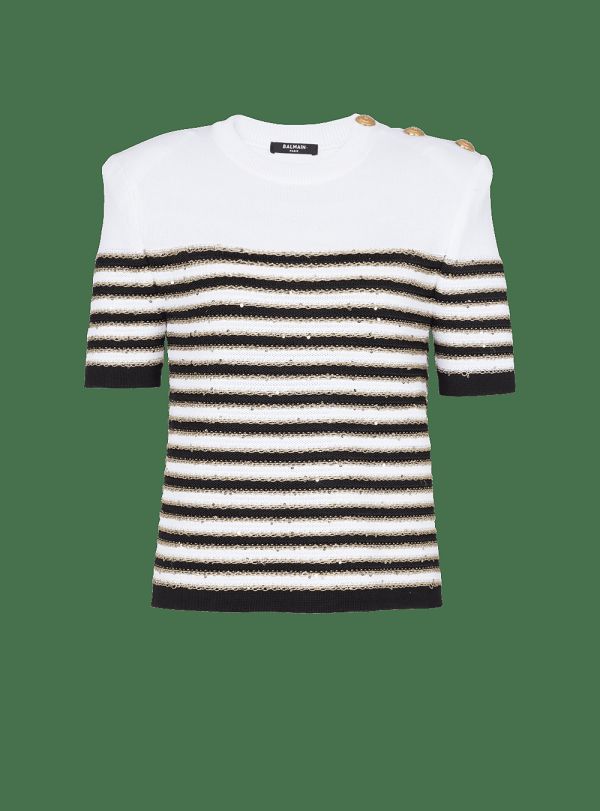 Women's Balmain Striped Knit Tops White | USA DL1ZeMLi