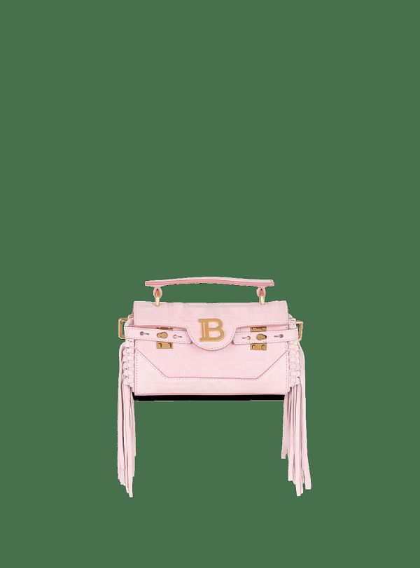 Women's Balmain Suede B-Buzz 19 With Fringe Handbag Pink | USA qa4fyRKf