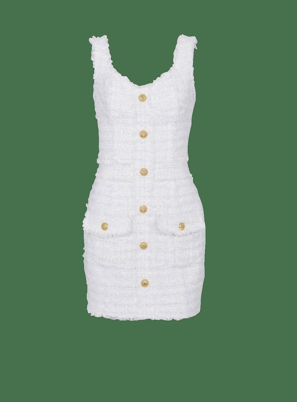 Women's Balmain Tweed With Straps Dress White | USA WI0ZDVBQ