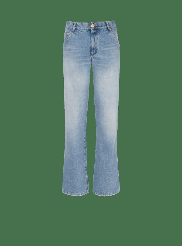 Women's Balmain Wide-leg Faded Denim Jeans Blue | USA 4HRbehc6