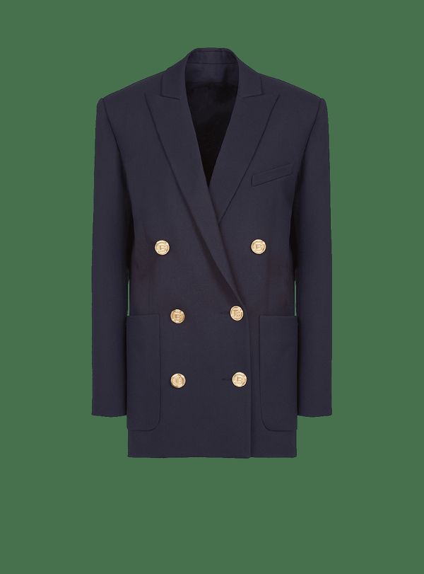 Women's Balmain Wool Double-breasted Boyfriend Jackets Navy | USA WAmE7Vua