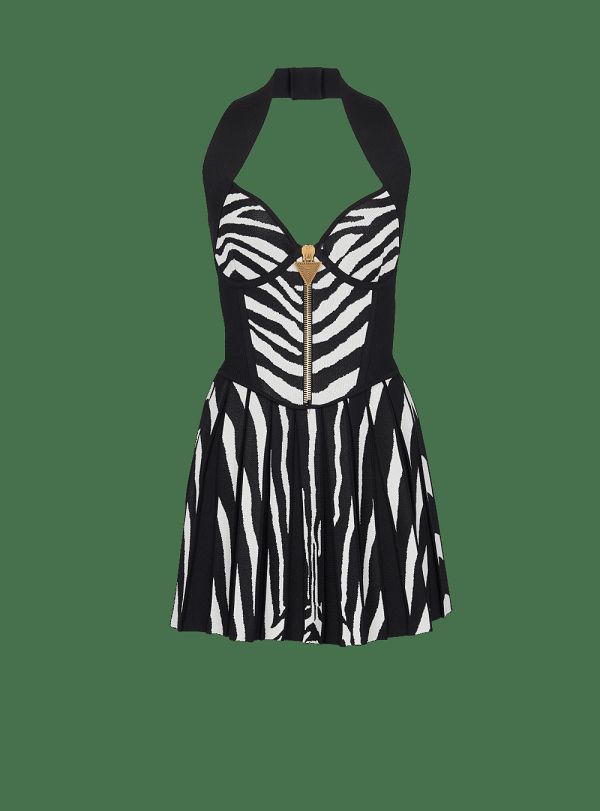 Women's Balmain Zebra Jacquard Knit Dress Black | USA XqtqJevL