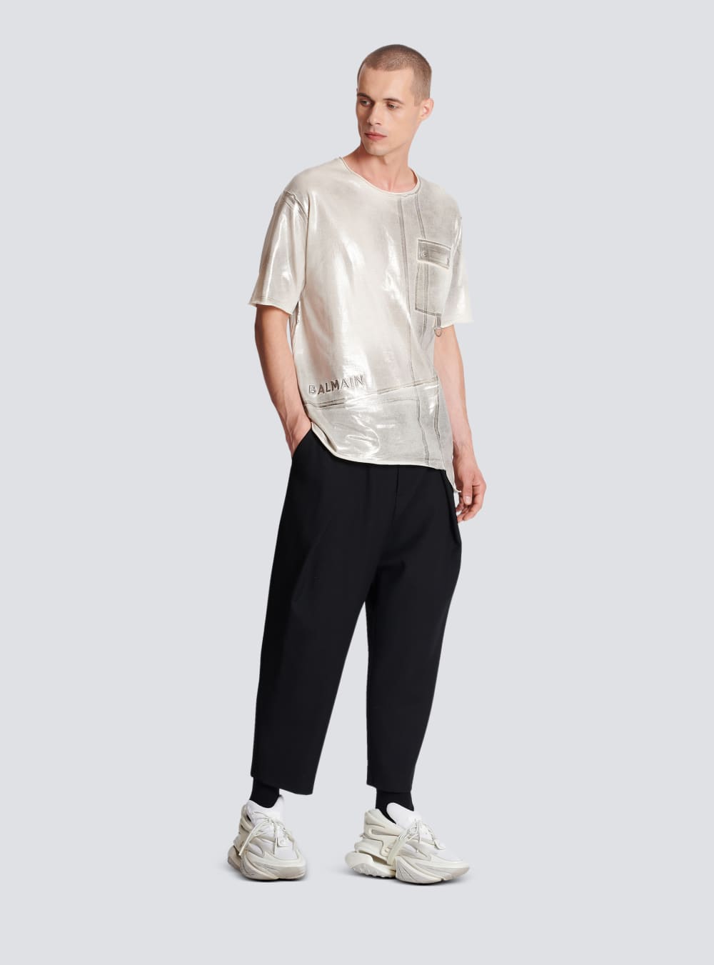 Men's Balmain Asymmetrical Eco-responsible Cotton With Logo Pleat Print T Shirts Grey | USA tpiQ5unl