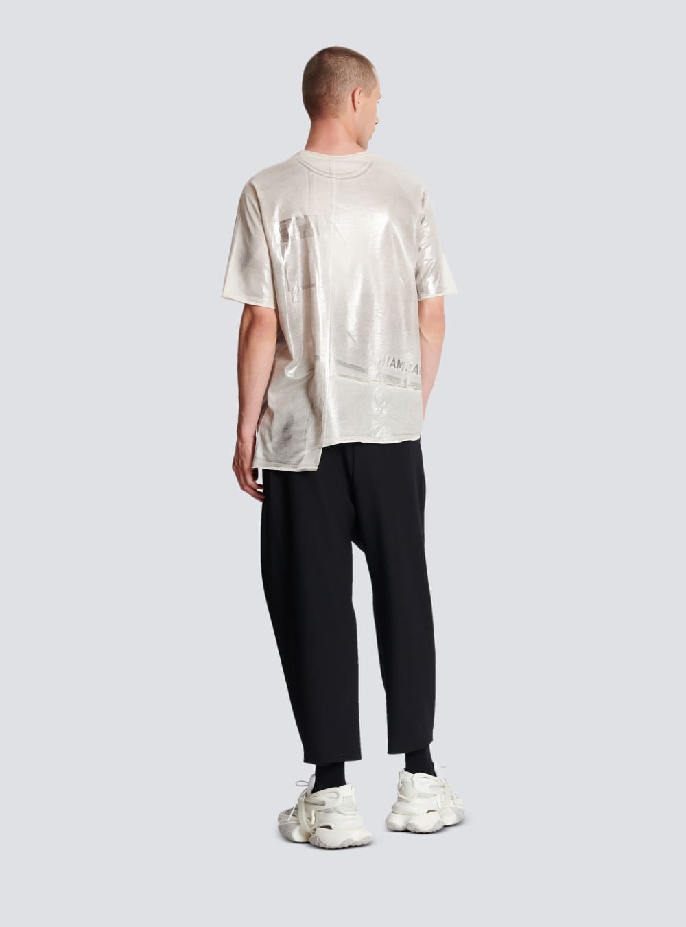 Men's Balmain Asymmetrical Eco-responsible Cotton With Logo Pleat Print T Shirts Grey | USA tpiQ5unl