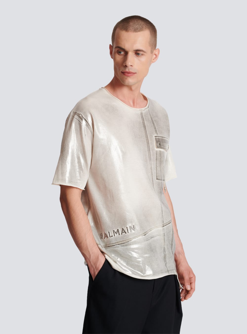 Men's Balmain Asymmetrical Eco-responsible Cotton With Logo Pleat Print T Shirts Grey | USA tpiQ5unl