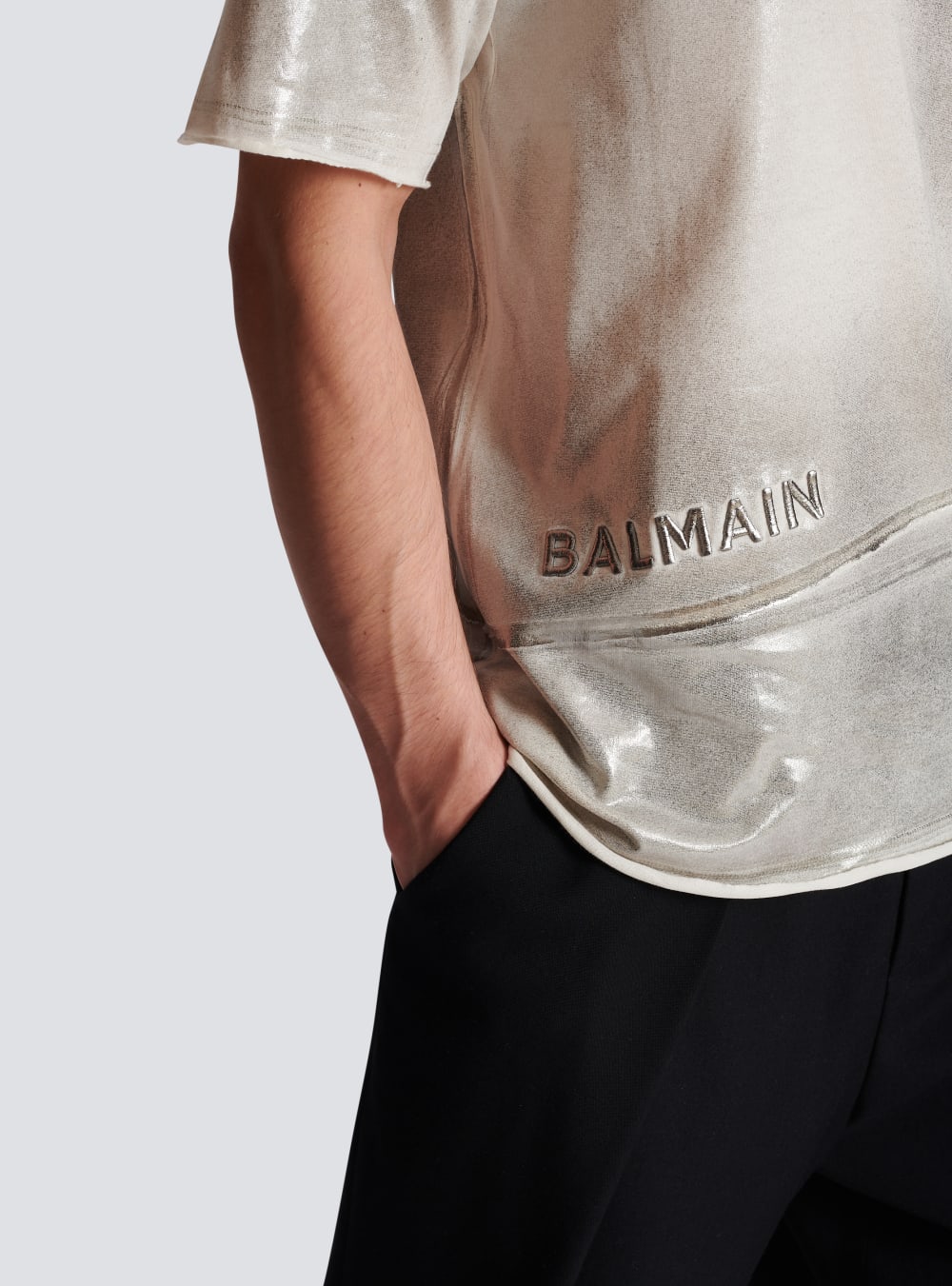 Men's Balmain Asymmetrical Eco-responsible Cotton With Logo Pleat Print T Shirts Grey | USA tpiQ5unl