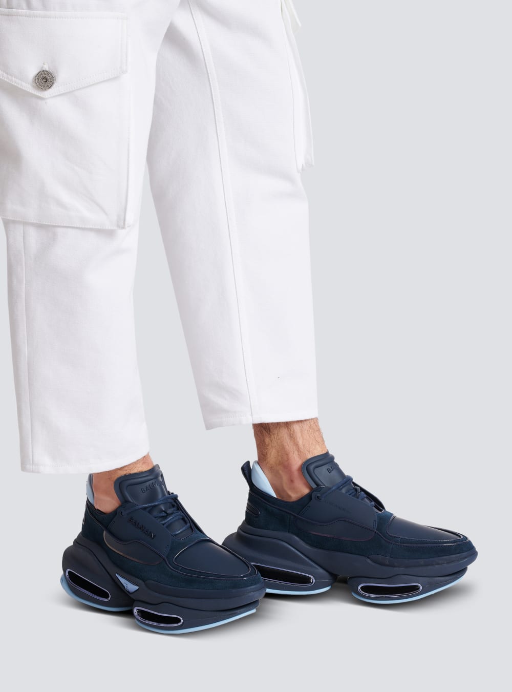 Men's Balmain B-Bold In Leather And Suede Sneakers Blue | USA ofKMWJ1x