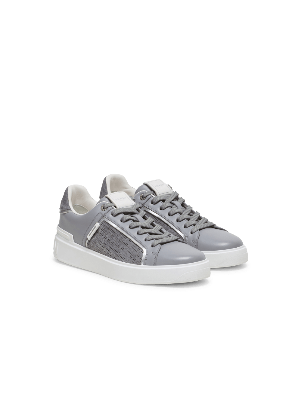 Men's Balmain B-Court In Perforated Monogrammed Leather Sneakers Grey | USA p7D6UO3W