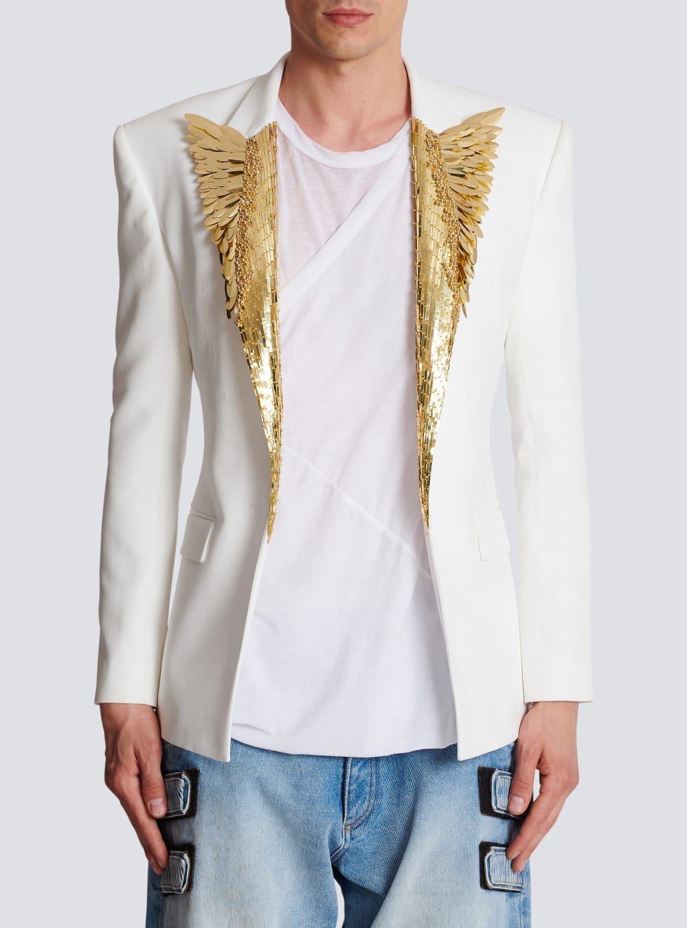 Men's Balmain Blazer Embroidered With Gold Feathers Blazers White | USA lzG1vAXA