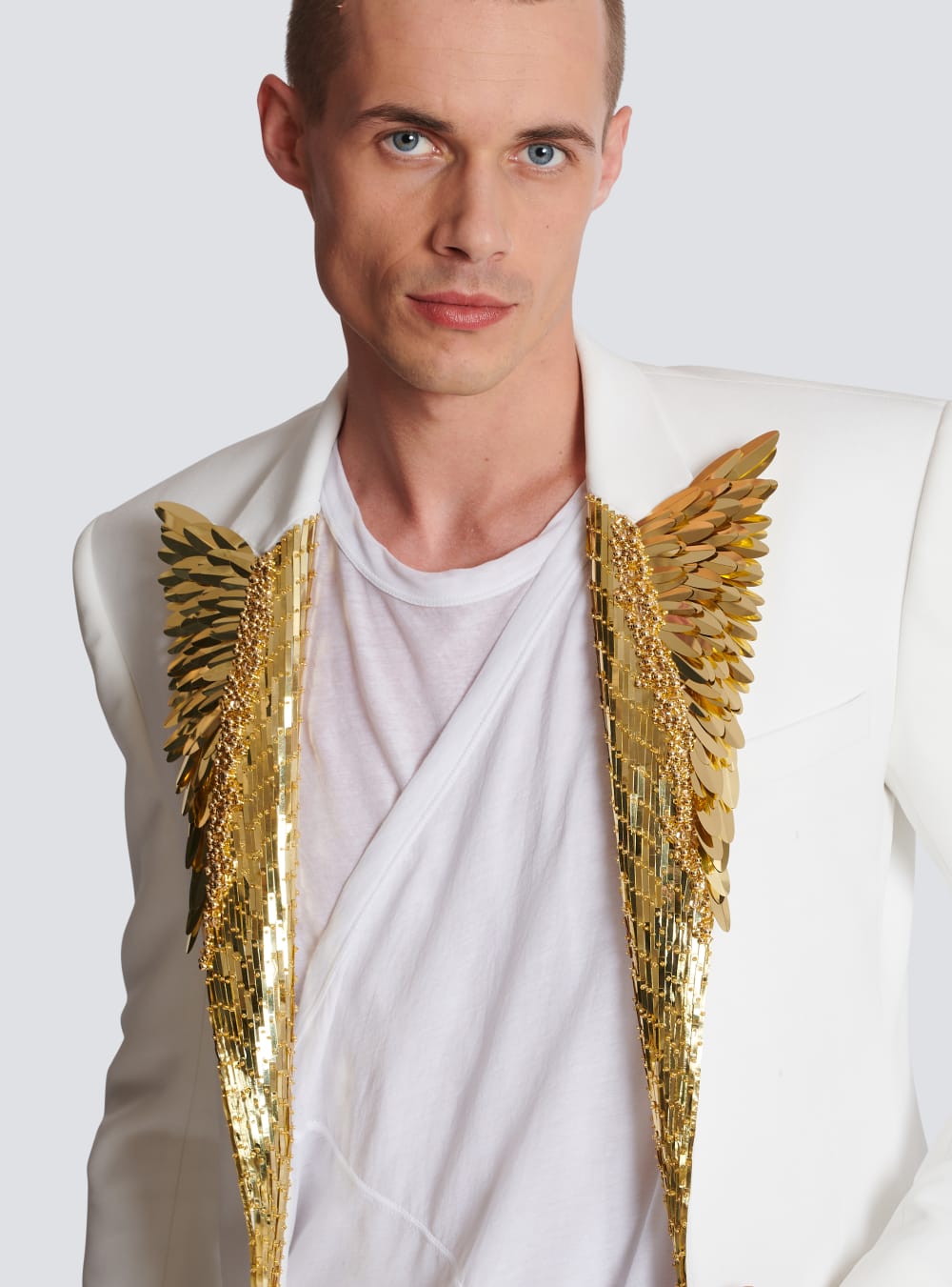 Men's Balmain Blazer Embroidered With Gold Feathers Blazers White | USA lzG1vAXA